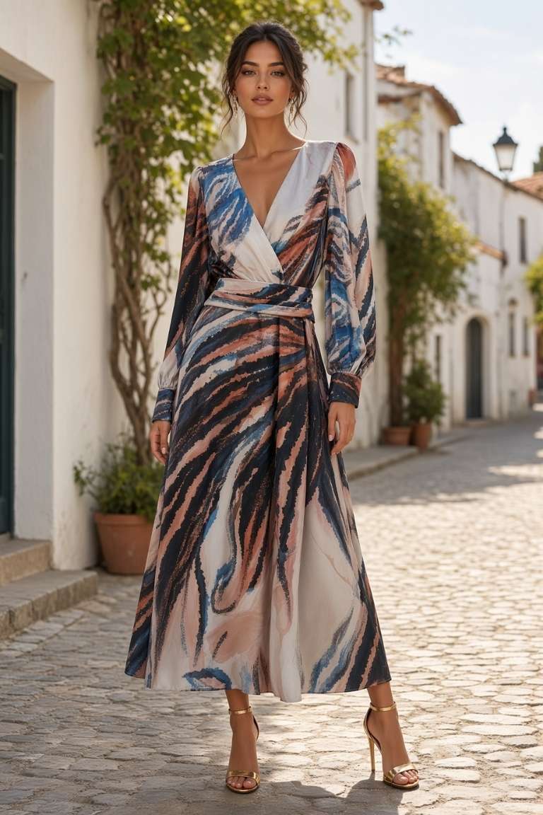 Vestido Midi Estampado Manga Abullonada