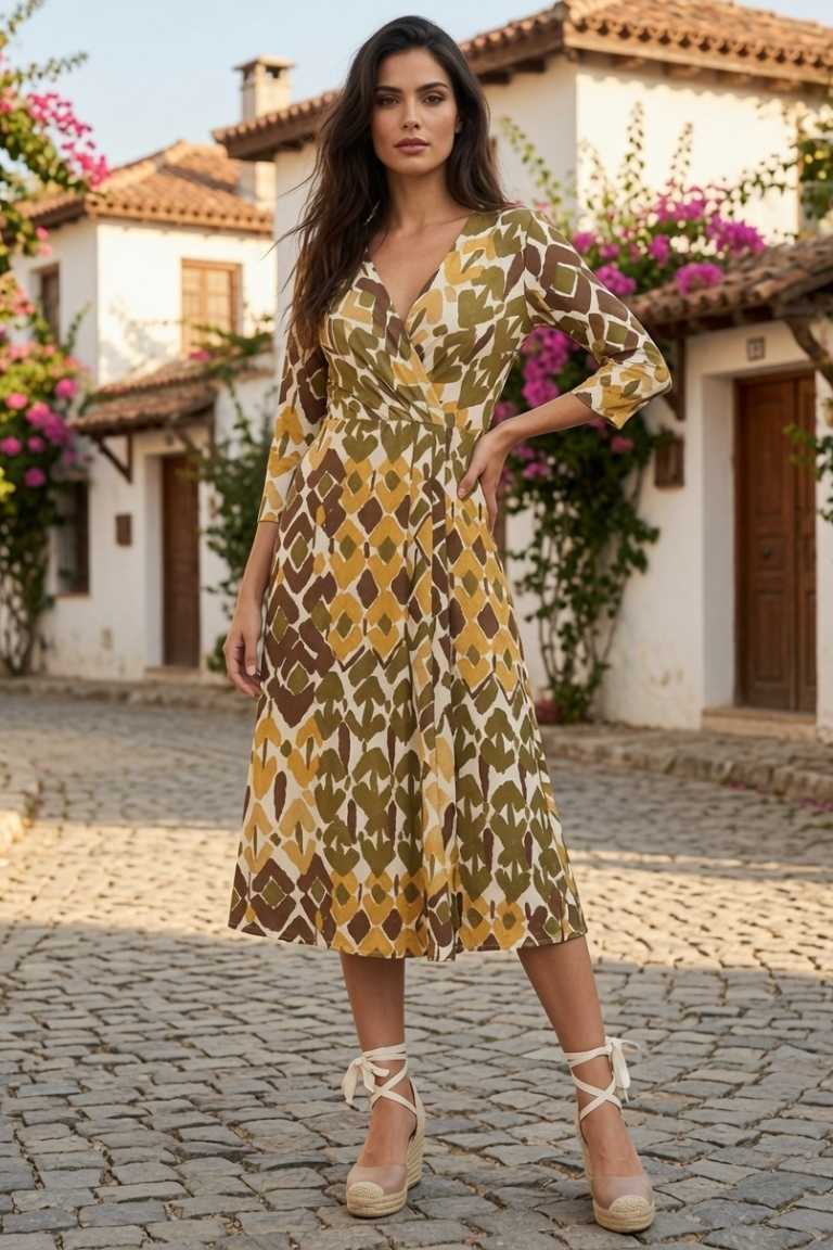 Vestido Midi Estampado Mostaza