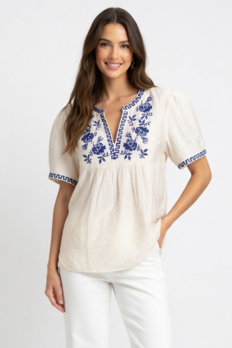 Blusa Mangas Bordados Azul