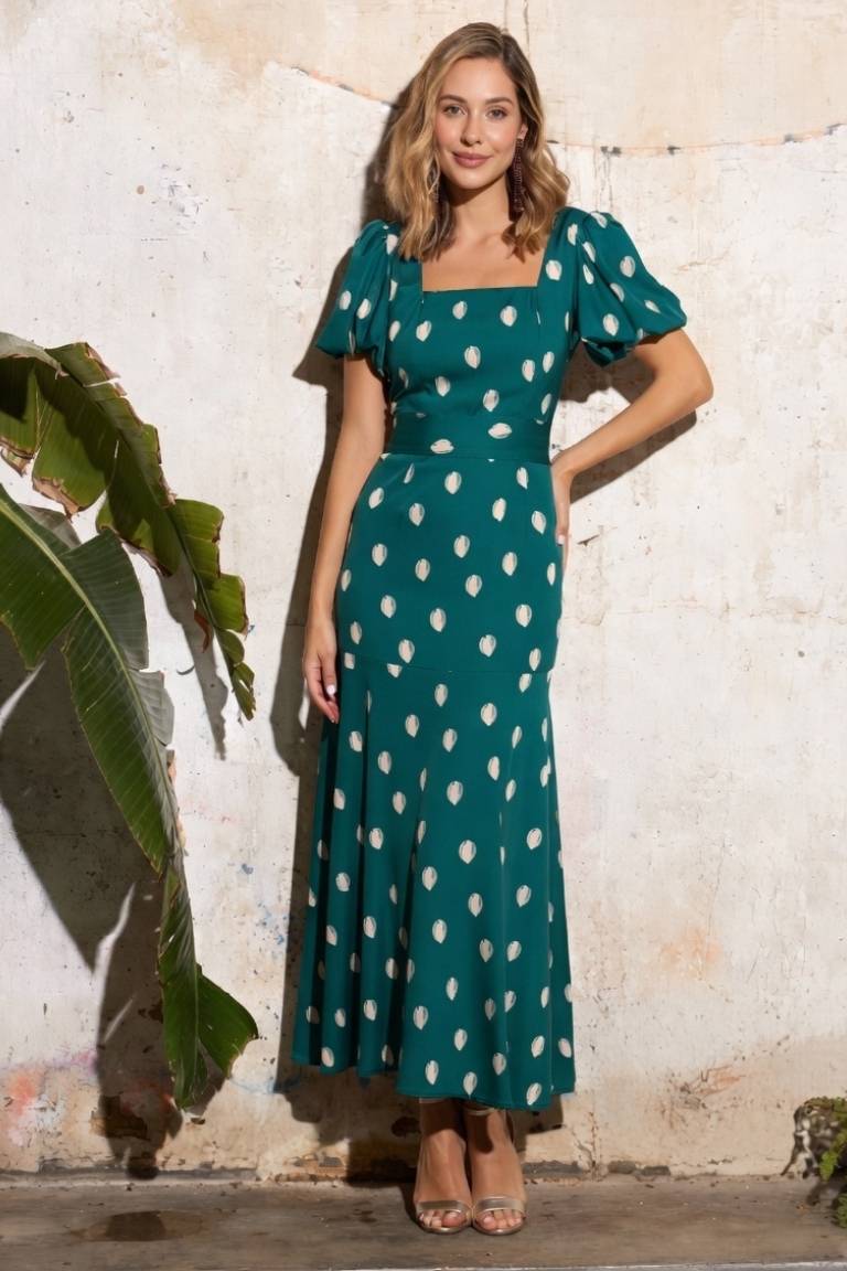 Vestido Tobillero Estampado Manga