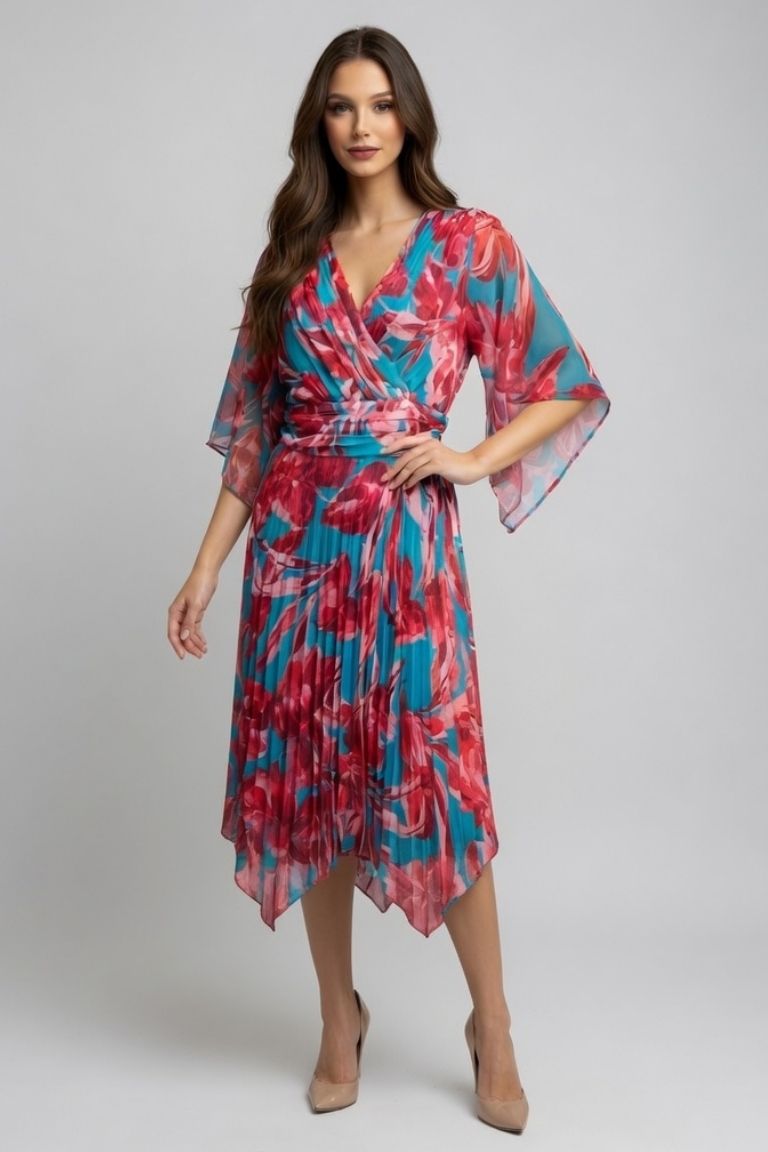 Vestido Midi Estampado Plisado Cruzado