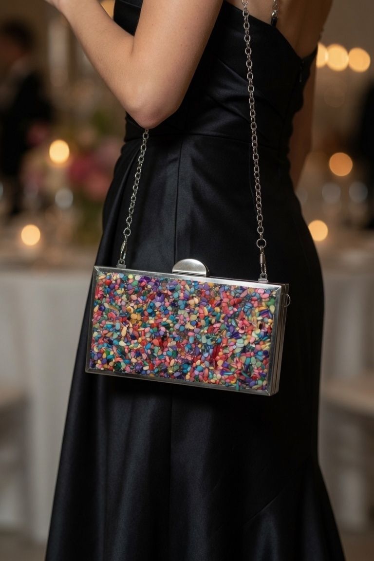 Bolso Plateado Pedrería Multicolor