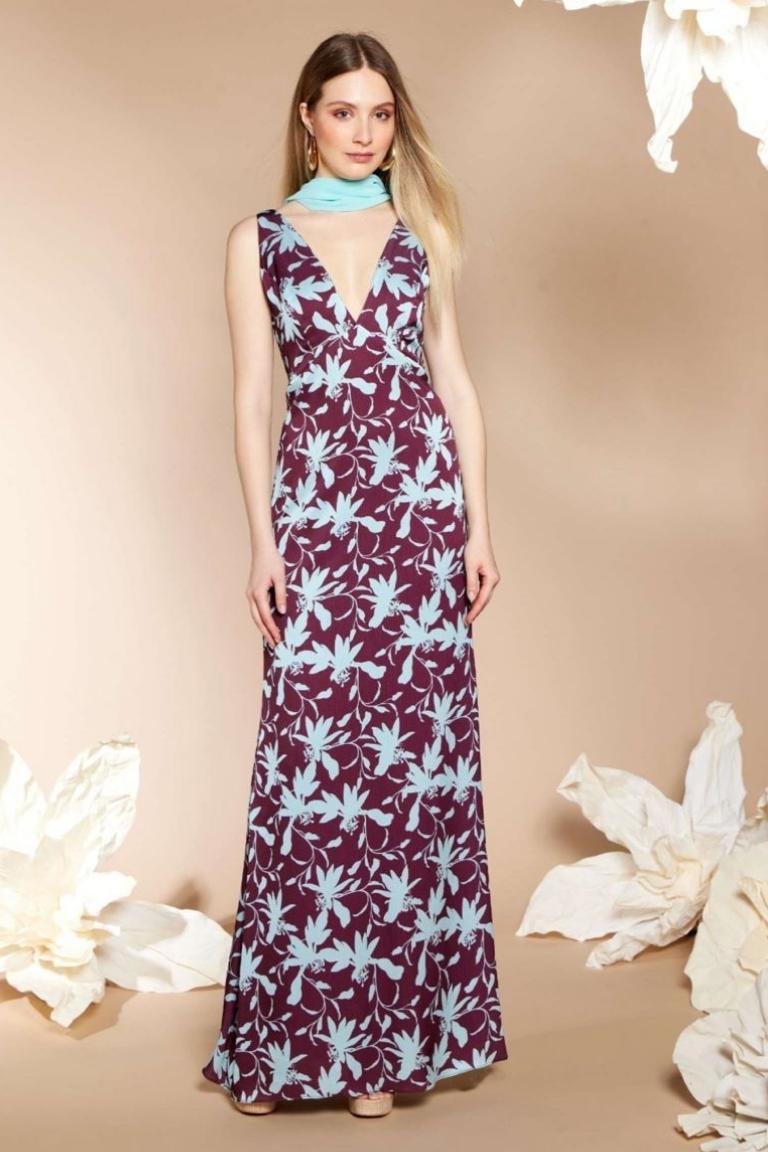 Vestido Largo Floral Escote