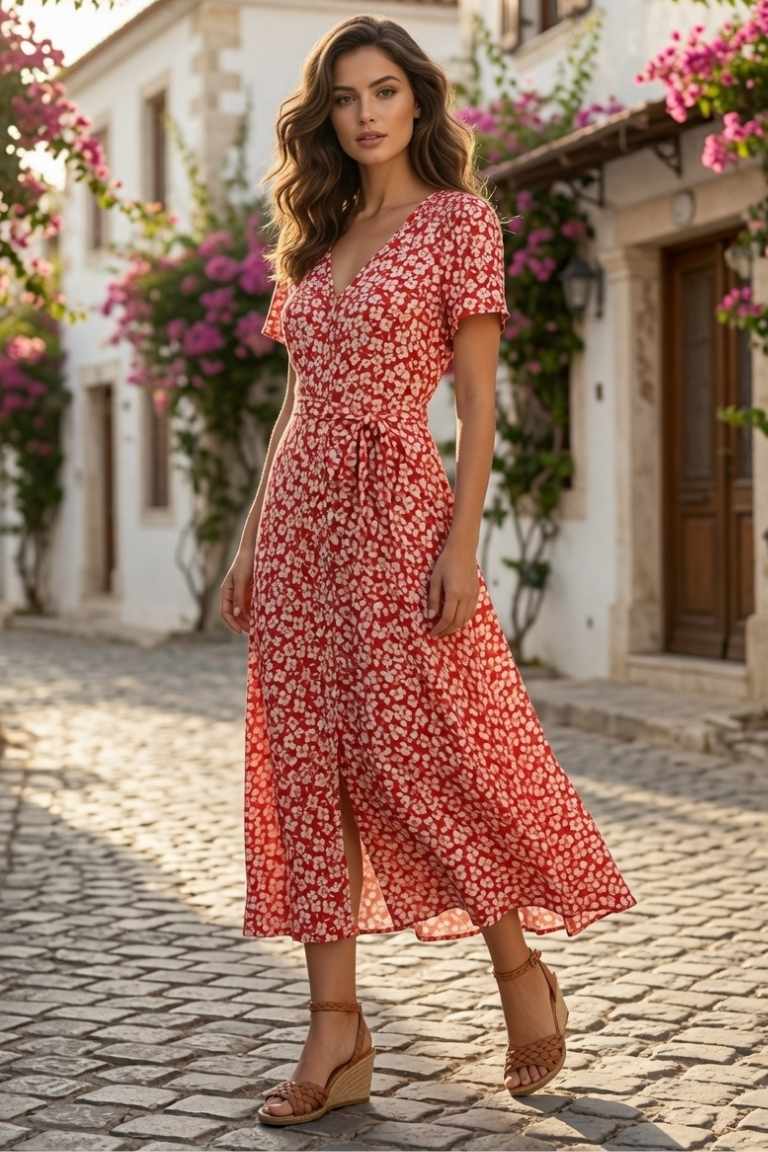 Vestido Midi Camisero Estampado Flores