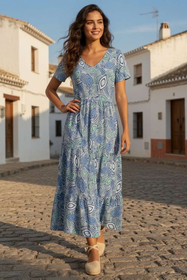 Vestido Largo de Punto Detalle Volantes Azúl