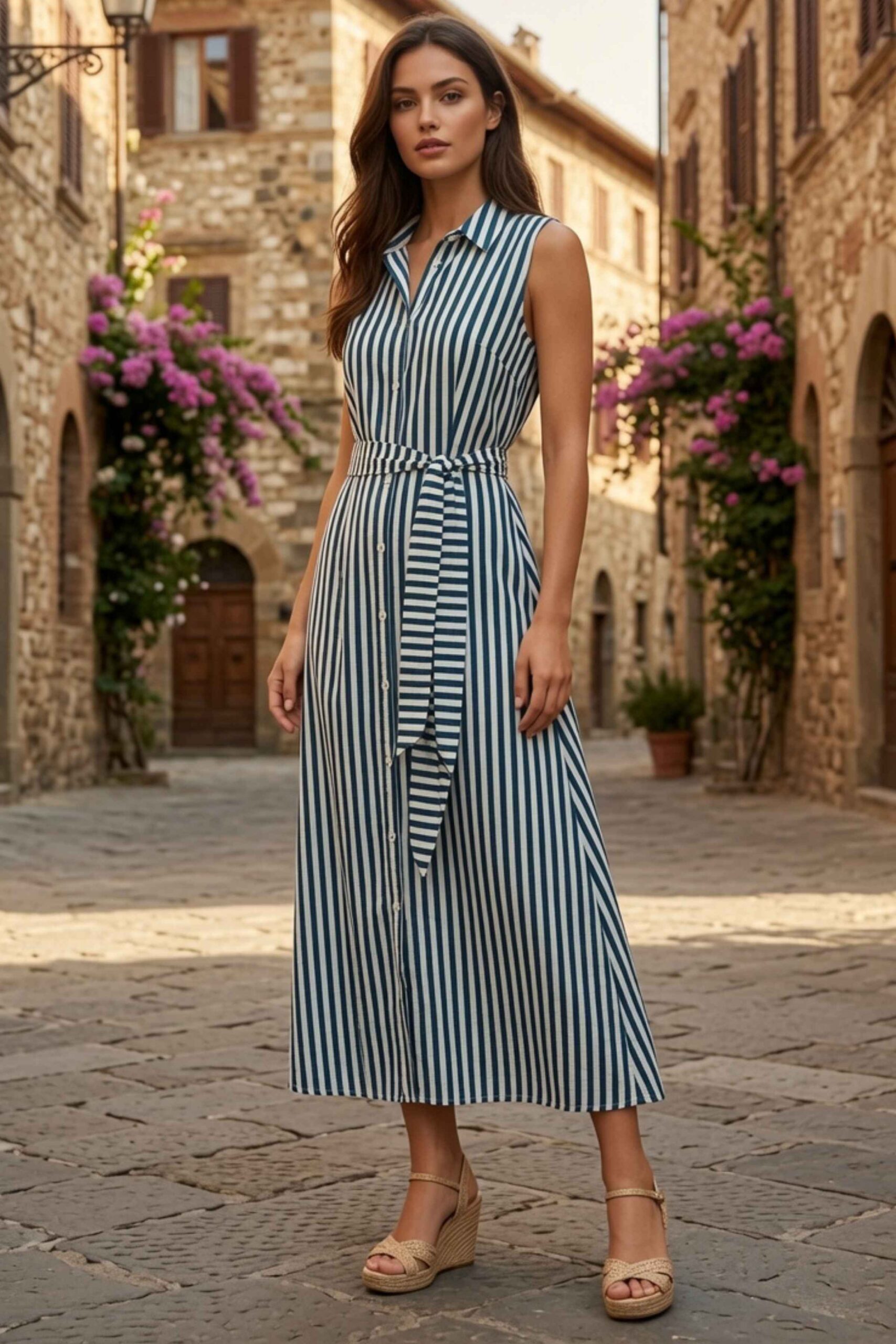 Vestido Midi Camisero Estampado Rayas