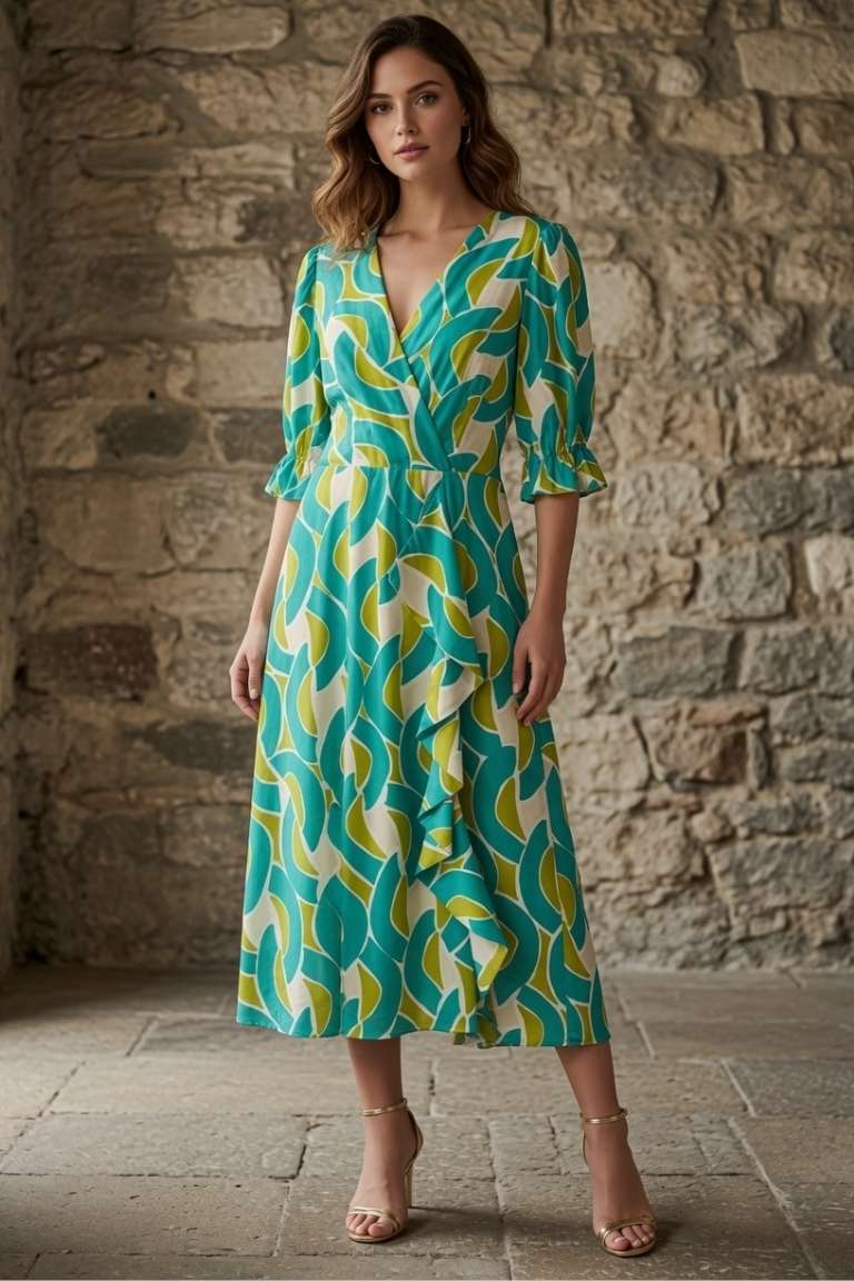 Vestido Midi Cruzado Estampado Turquesa