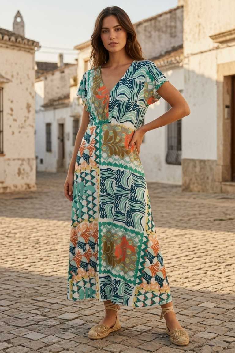 Vestido Midi de Punto Estampado Drapeado