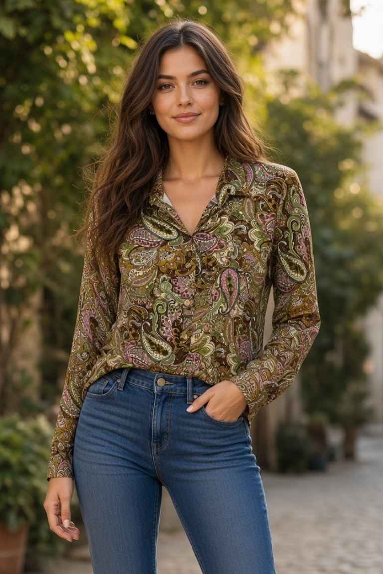 Blusa Camisera Estampada de Punto Verde