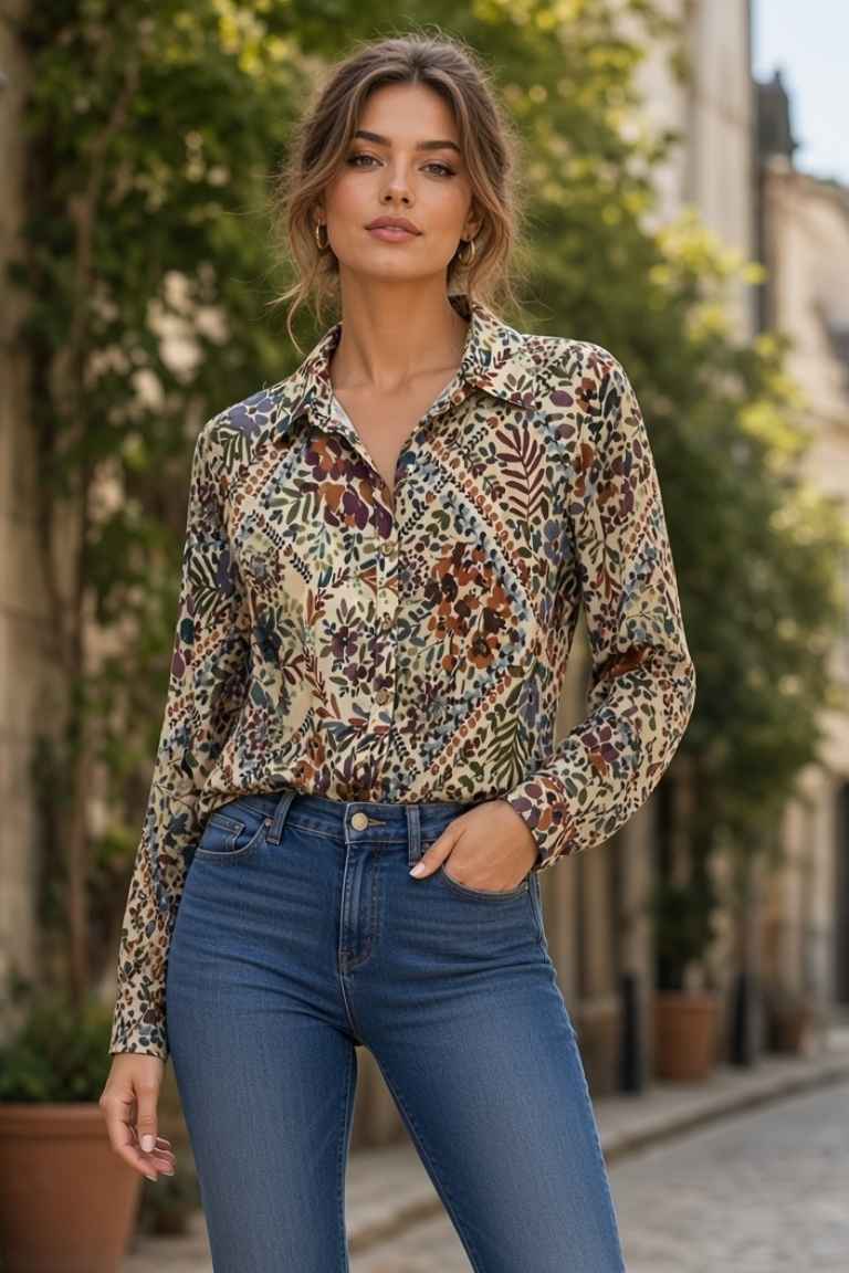 Blusa Camisera de Gasa Estampado Hojas
