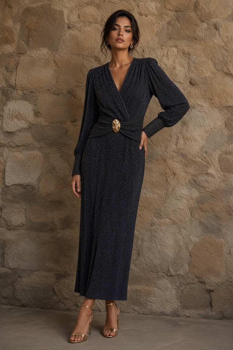 Vestido Tobillero Estampado Detalle Broche