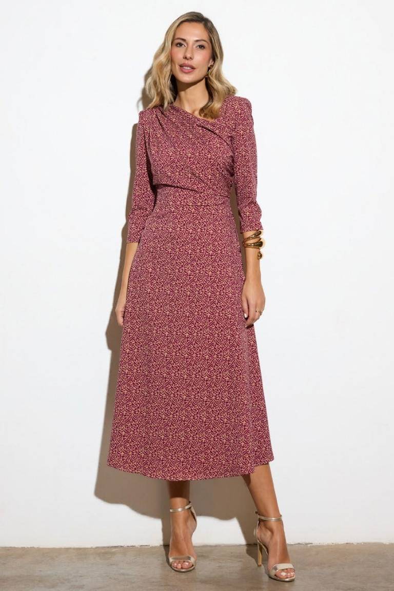 Vestido Midi Estampado Detalles Drapeados