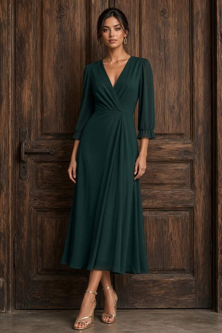 Vestido Midi de Gasa Verde Botella