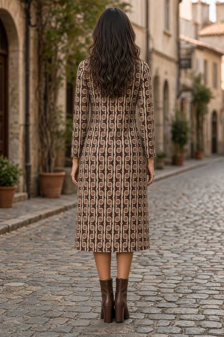 Vestido Corto Estampado Retro Marrón - Imagen 2